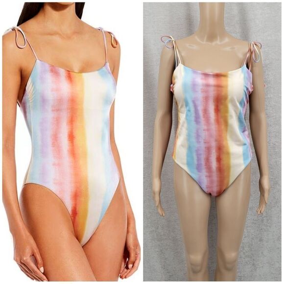 Gianni Bini x DANNIJO Paloma Ombre Tie Strap One Piece Swimsuit Rainbow Stripe - Picture 1 of 15